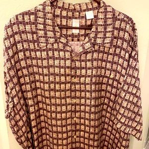 100% silk shirt bought at Saks in the 90’s.  XXL made in Korea.  Bold burgundy.